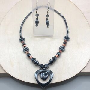 𝅺Hematite stone jewelry set heart necklace and earrings romantic open heart.